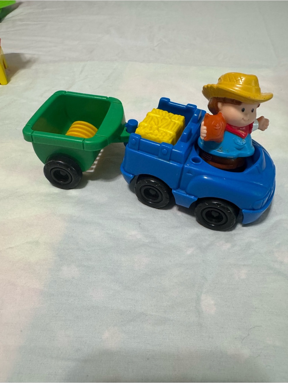 Little People Blue Farm Truck/Farmer with Green Trailer/ Yellow Hay